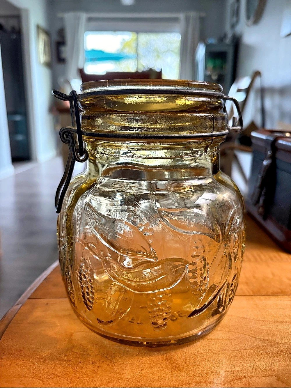 Italy Amber Glass Storage Jar Crownford 1983 Fruit Embossed Storage Jar